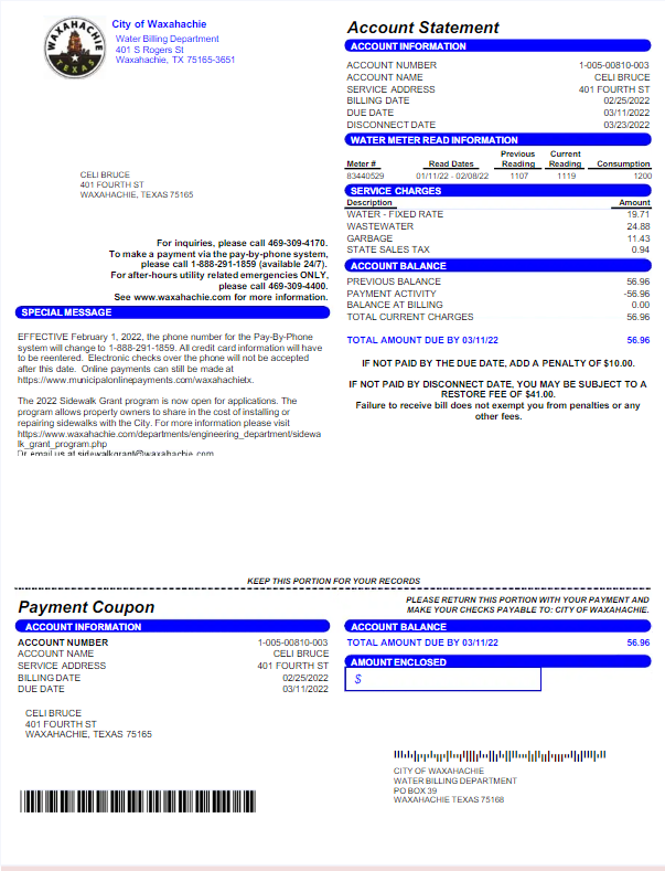 USA CITY OF WAXAHACHIE utility bill Word and PDF template